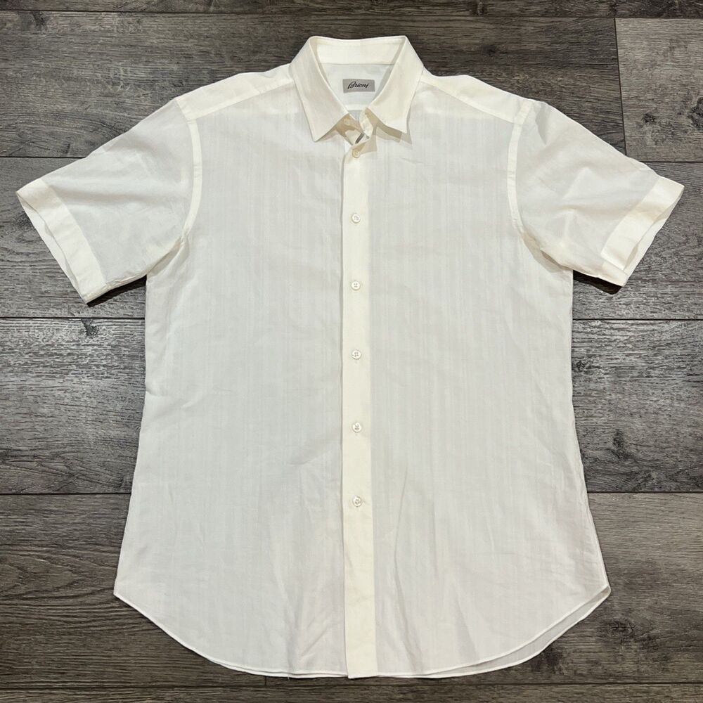 Vintage 90s Brioni White S/S Shirt 100% Cotton Made in Italy Luxury Striped - Lg